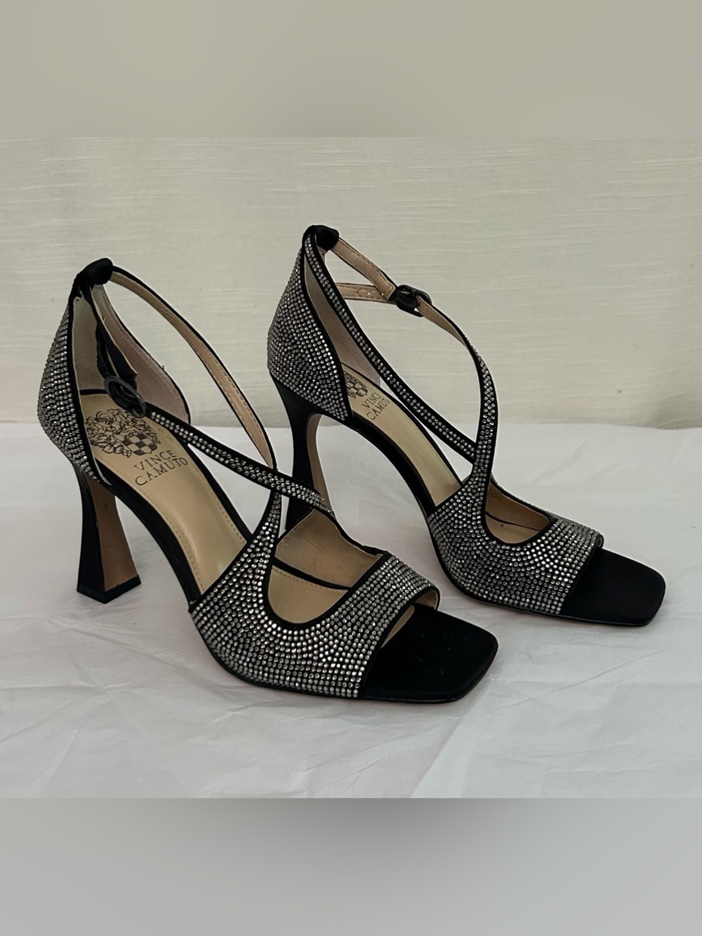 Vince Camuto Black Crystal-Embellished Strappy Heels party prom